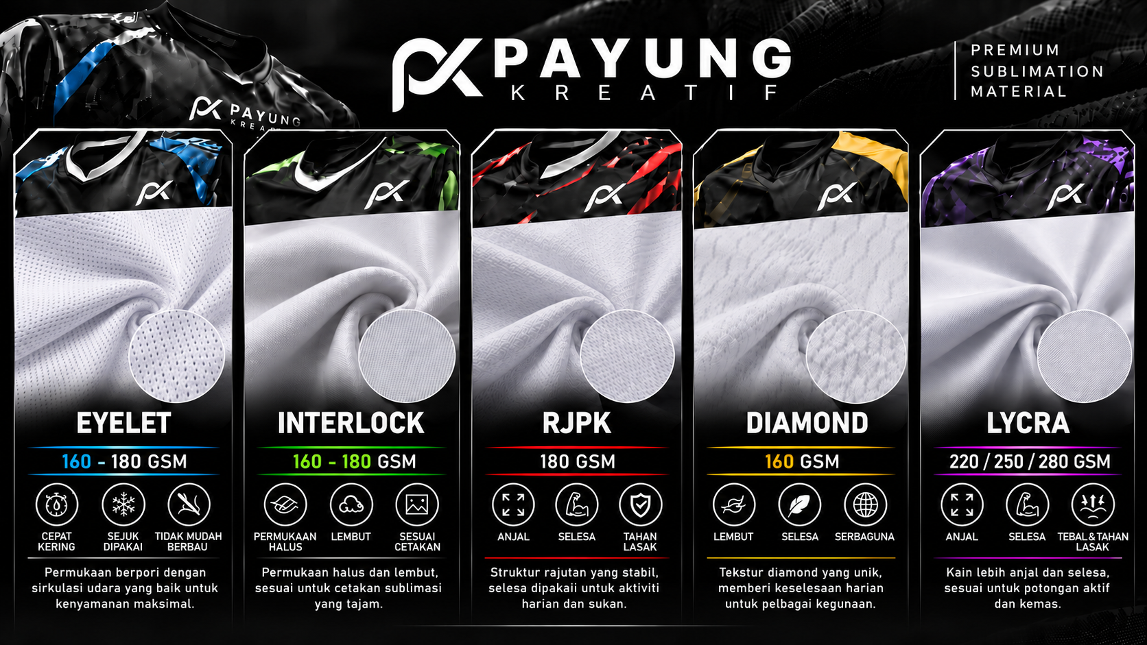 Eyelet 160–180 GSM, Interlock 160–180 GSM, RJPK 180 GSM, Diamond 160 GSM dan Lycra 220 / 250 / 280 GSM